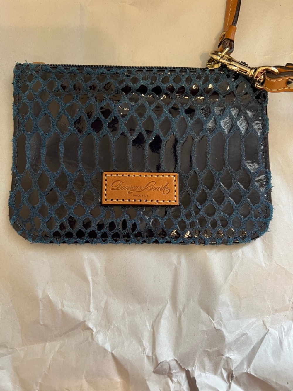 Dooney & Bourke Navy Snake-Embossed Leather Shoulder Bag with Tan Trim - Picture 4 of 9
